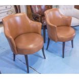 TUB CHAIRS, a pair, stitched calf leather, circular and splay supports, by 'Morgan Furniture',