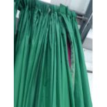 CURTAINS, two pairs, in bottle green silk lined and interlined, gathered 76cm W x 247cm drop.