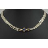 A SILVER YELLOW GOLD AND LAPIZ LAZULI FOUR ROW NECKLACE, 40cm L approx.