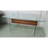 DINING TABLE, with glass top on glass supports with wooden stretcher, 170cm x 95cm x 75cm H.