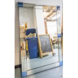 WALL MIRROR, Art Deco design rectangular bevelled with marginal plates and blue mirror corners,