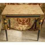 CENTRE TABLE, the rectangular marble top on a black and gilt base, 53cm x 78cm x 72cm H.