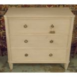 COMMODE, Gustavian style traditionally grey painted with three long drawers, 90cm x 45cm x 85cm H.