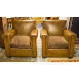 CLUB ARMCHAIRS, a pair, vintage leather upholstered with brown velvet seat cushions, 86cm W.