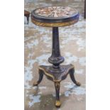 SPECIMEN TABLE, Italian design circular specimen marble top, gilt mounted carved ebonised stand,