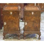 BEDSIDE CABINETS, a pair, early 20th century Queen Anne style, burr walnut each with gallery,