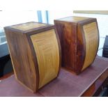BEDSIDE CABINETS, a pair, with quarter cut inlaid top and arched doors enclosing a glass shelf,