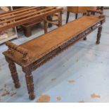 HALL BENCH, Victorian Gothic oak rectangular with oak leaf carved border and legs,