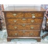 CHEST, early 18th century English Queen Anne figured walnut with two short and three long drawers,