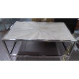 COFFEE TABLE, contemporary segment top with polished metal supports, 41cm H.