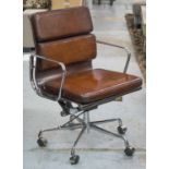 REVOLVING DESK CHAIR, Charles Eames inspired soft pad in hand finished leaf brown leather,