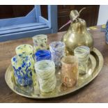 DRINKS SET, comprising a brass pear shaped ice bucket 31cm H,