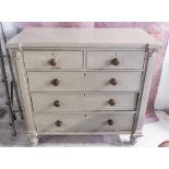 CHEST, Victorian grey painted with two short over three long drawers retaining mahogany handles,