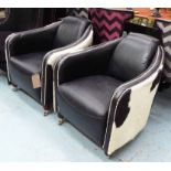 COACH HOUSE HIDE CHAIRS, a pair, with black and white hide detail, 75cm H.