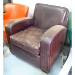 CLUB CHAIR, Art Deco style, distressed brown leather, 85cm W x 82cm D x 83cm H.