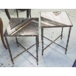 LAMP TABLES, a pair, square mirrored tops on x frame, faux bamboo metal base, with gilt highlights,