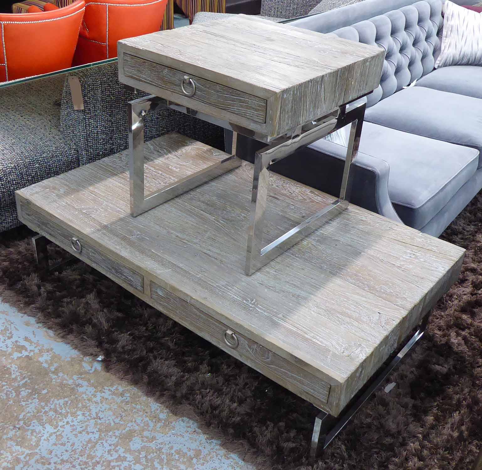 LOW TABLE AND SIDE TABLE, contemporary design distressed tops, 140cm widest (2).