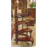 SPIRAL LIBRARY STEPS, Georgian design mahogany with four leather covered treads and pole,