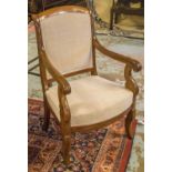 FAUTEUILS, a pair, 19th century French Charles X mahogany and linen upholstered with scroll arms,