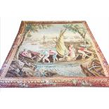 VERDUE STYLE PAINTED WALL HANGING,236cm x 215cm, depicting a Quayside scene with figures, .