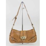 BURBERRY SHOULDER BAG, demi lune shape brass tone hardware and front flap closure with logo,