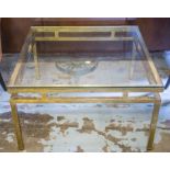 LOW TABLE, 1970's vintage lacquered brass square glazed top and stepped square section support,