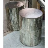 OCCASIONAL TABLES, a pair, 1970's style cylindrical mirror-clad, 46cm D x 62cm H.