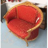 CANAPE, Louis XV style gilt frame, with a red damask upholstery, 133cm L.