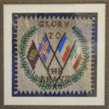 WORLD WAR II TRENCH ART BEADED PANEL, 'Glory to the brave' decorated with flags of West Indies,