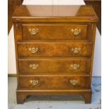 BACHELOR'S CHEST, Georgian style burr walnut with foldout top above four drawers,