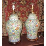 TABLE LAMPS, a pair, Chinese style with floral decoration, 67cm H.