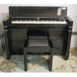 MINI PIANO BY EAVESTAFF, Art Deco in ebonised and chrome mounted case, 130cm W x 66cm H x 42cm D.