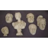 CLASSICAL PLASTER BUST, of a lady, 53cm H, four masks and a head.