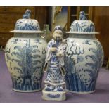 VASES, a pair, Chinese blue and white, 65cm H, together with a Chinese figure, 54cm H.