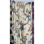 CURTAINS, two pairs, in a Chinoiserie figural and floral pattern, lined and interlined,