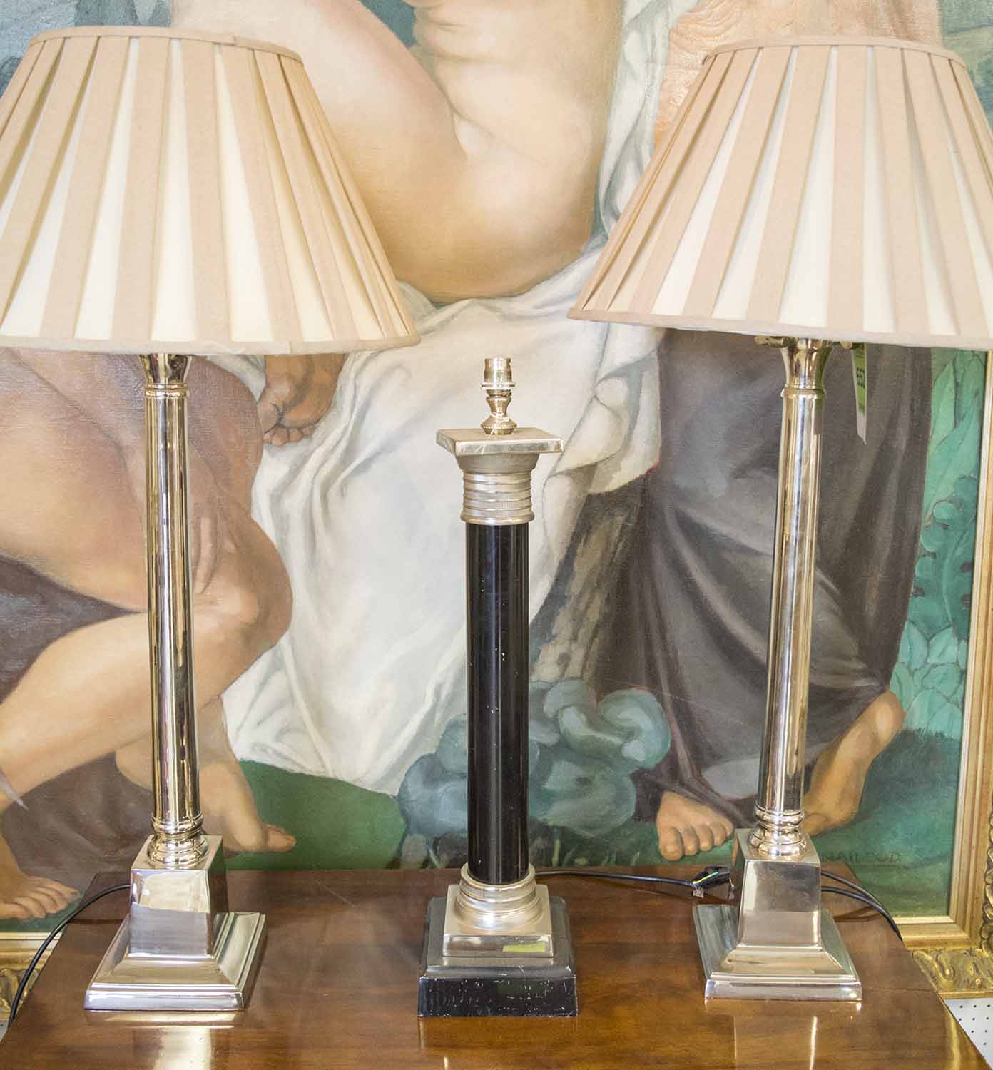 LAMPS, a pair, classical style, column chrome lamps with shades and another black column lamp,