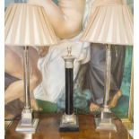 LAMPS, a pair, classical style, column chrome lamps with shades and another black column lamp,