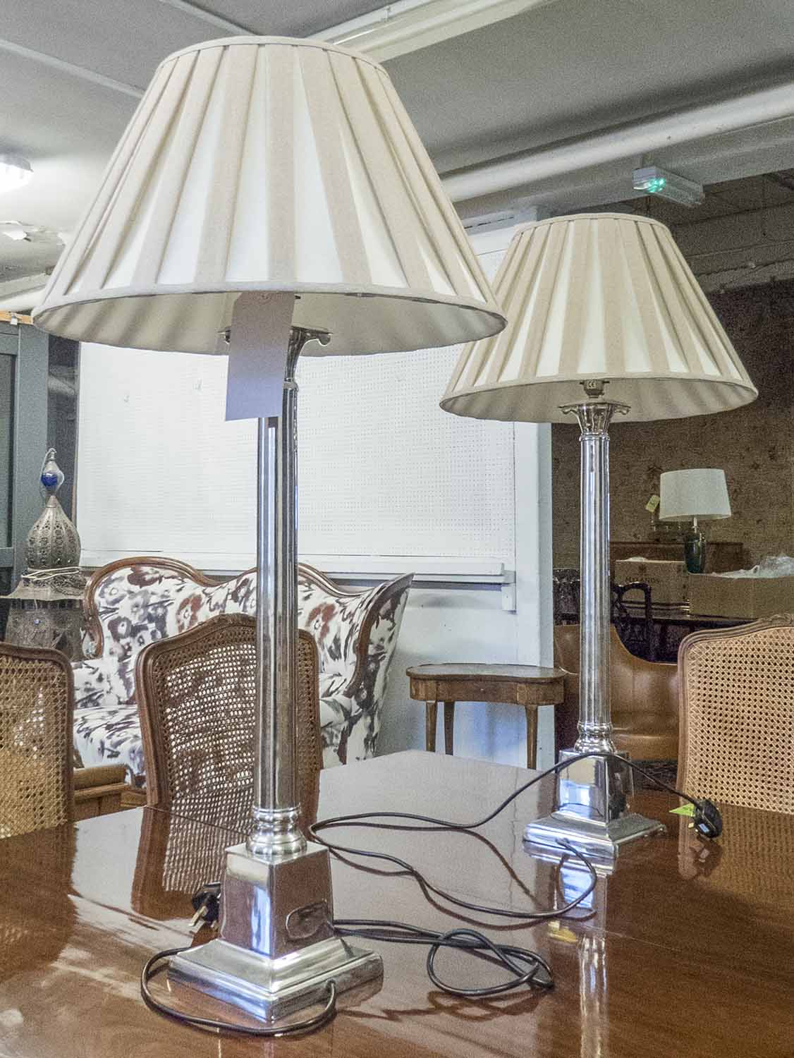 LAMPS, a pair, classical style, column chrome lamps with shades and another black column lamp, - Image 3 of 3