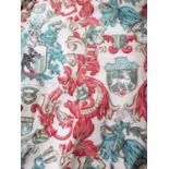 CURTAINS, a pair, heraldic designs on a cream background, lined and interlined,