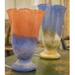 LAMPS, two coordinating frosted and coloured glass, in the form of folded vases, largest 33cm H.