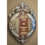 WALL MIRROR, Venetian style, with circular etched plate and ornate surmount, 69cm H x 46cm.