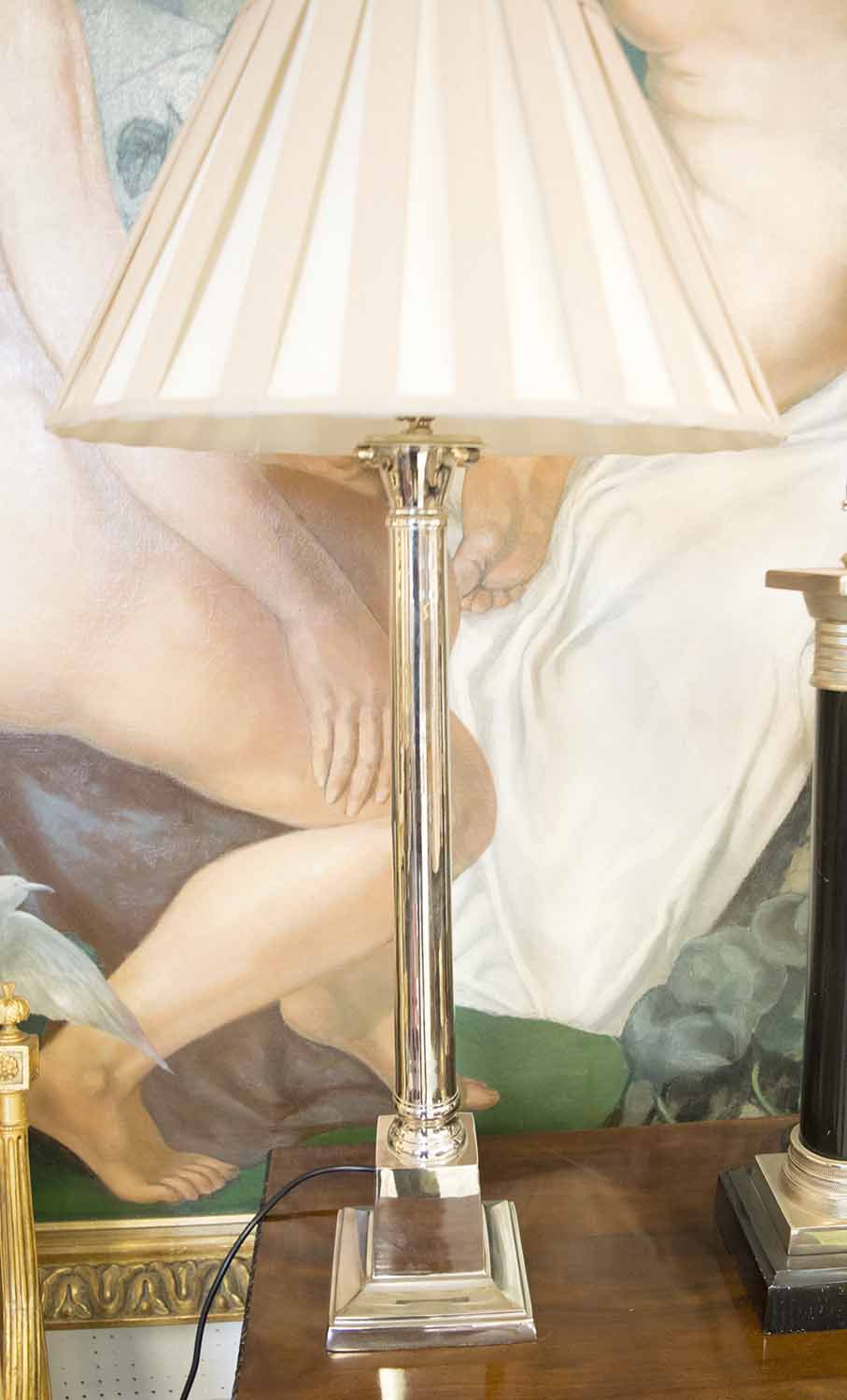 LAMPS, a pair, classical style, column chrome lamps with shades and another black column lamp, - Image 2 of 3