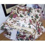 CURTAINS, two pairs, lined, in a floral fabric, each curtain 112cm W gathered x 330cm Drop.