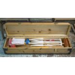 CROQUET SET, by Townsend Croquet Ltd in metal bound pine box, 23cm H x 108cm W x 27cm D.