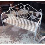 GARDEN BENCH, Victorian style, scrolling metal work in distressed finish, 116cm L.