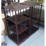 METAL REVOLVING SHELVES, a pair, Industrial distressed style, each 60cm W x 60cm D x 120cm H.