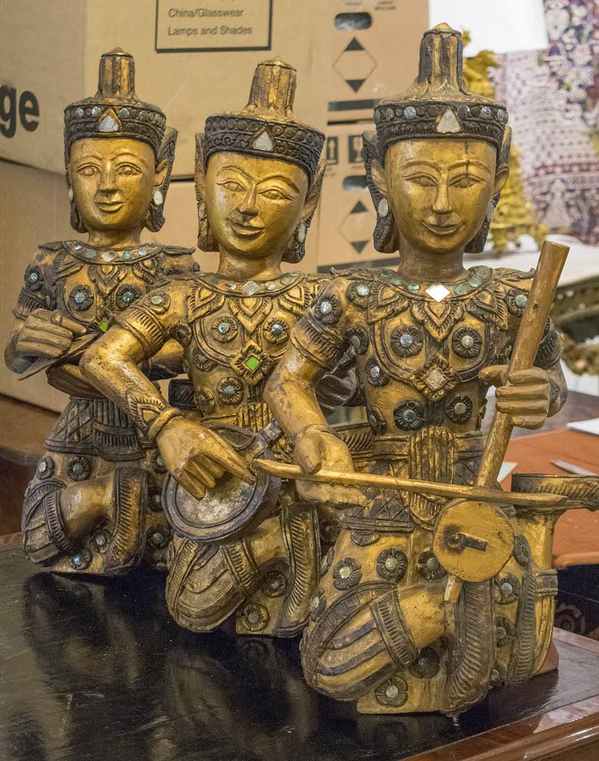 THAI MUSICIAN GROUP, a set of six, vintage carved gilt wood and mirror bejewelled musicians, - Image 2 of 3