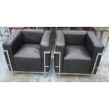 LE CORBUSIER STYLE 'LC2' MANNER ARMCHAIRS, a pair, each chrome framed with black leather upholstery,