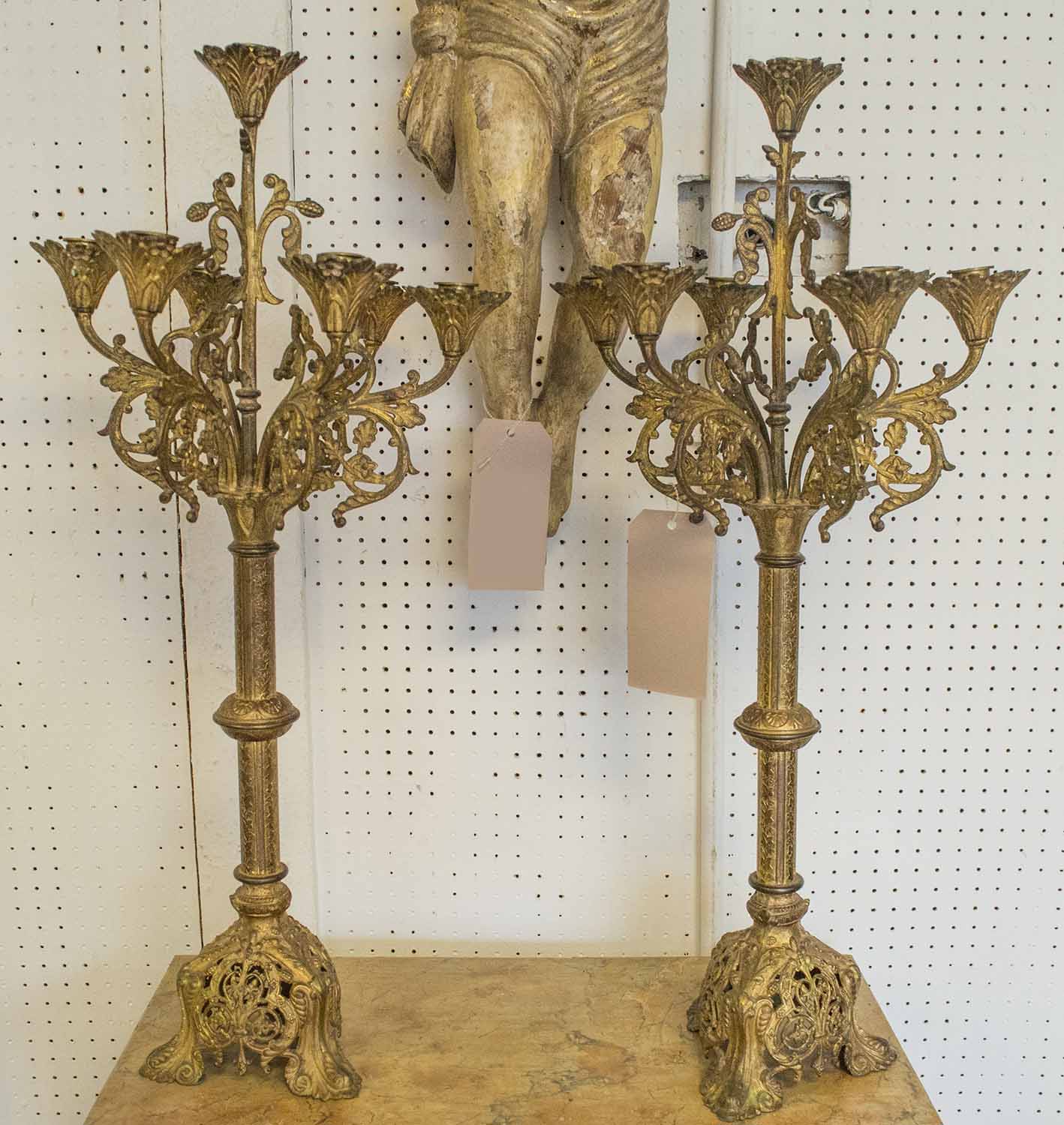 CANDELABRA, a pair of Victorian Gothic gilt brass, 72cm H x 30cm W.