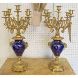 CANDELABRA, a pair, classical style Royal blue porcelain and gilt brass, 50cm H x 20cm W.